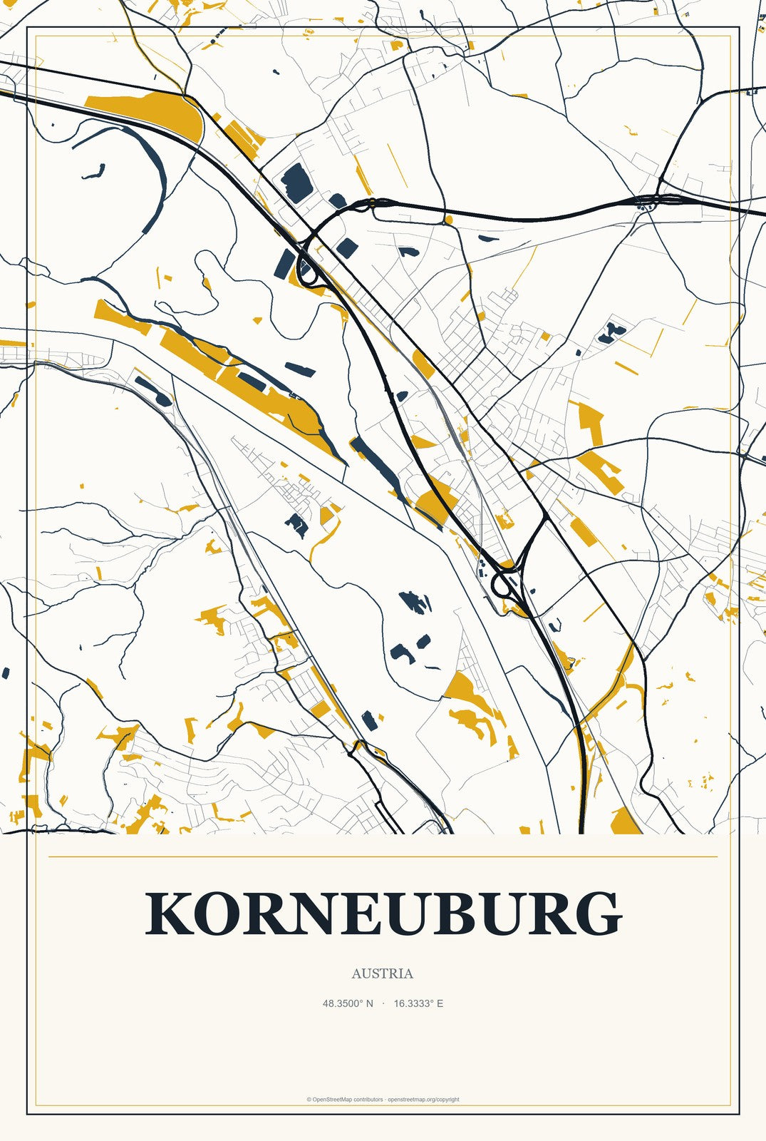 Korneuburg, Austria City Map Aluminum Sign in Citrine Modern style