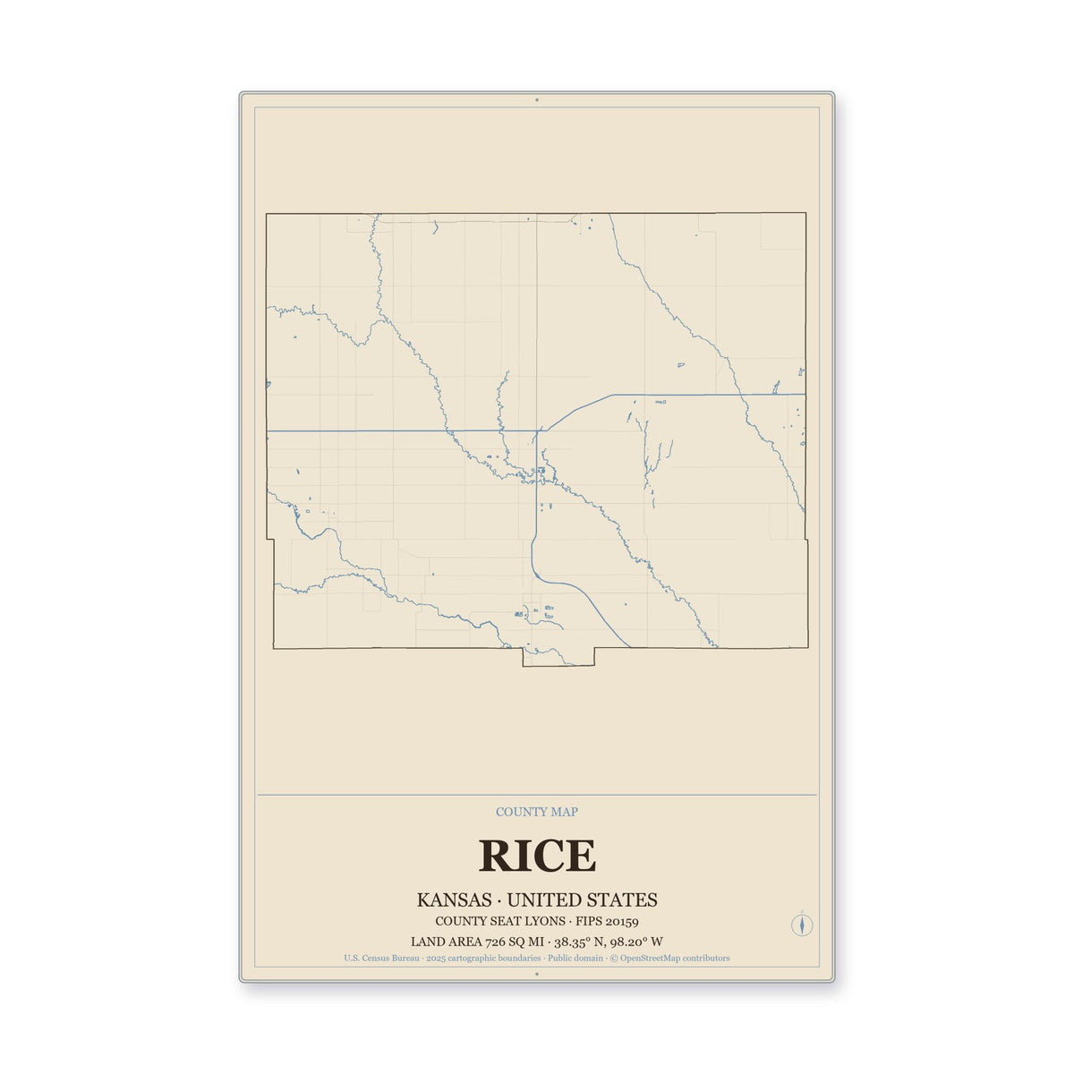 Rice County, Kansas Map Aluminum Sign in Heritage Nautical style