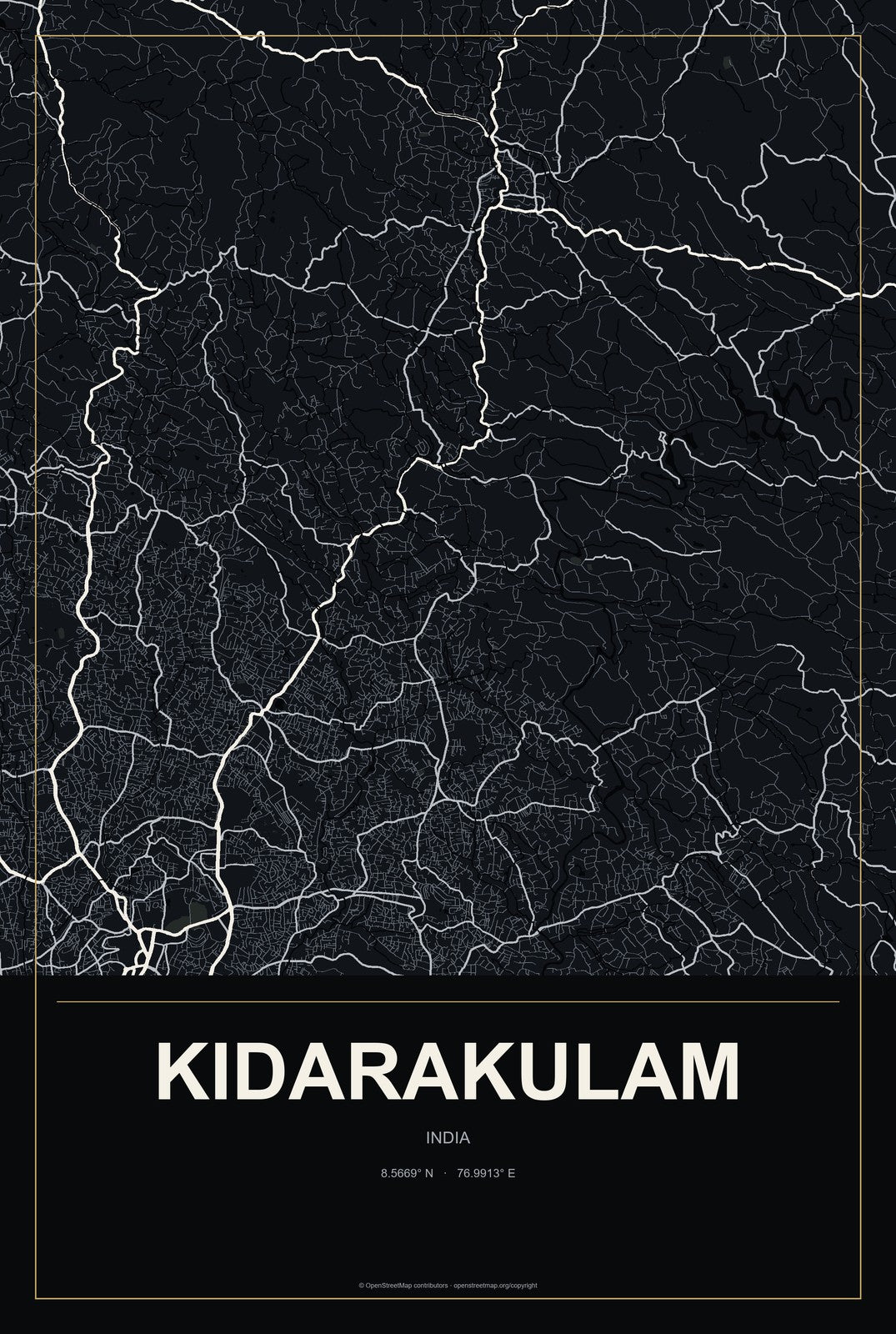 Kidarakulam, India City Map Aluminum Sign in Metropolitan Noir style
