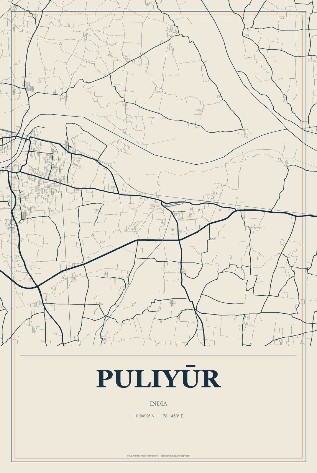 Puliyūr, India City Map Aluminum Sign in Coastal Cutout style