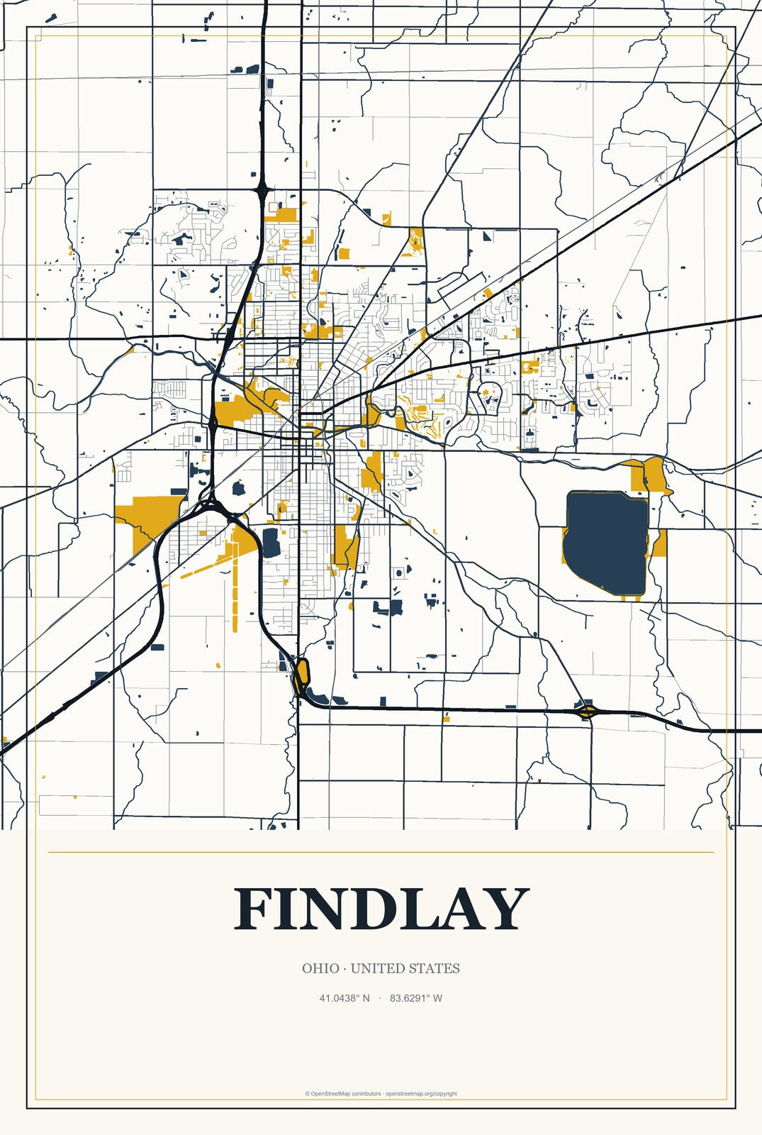 Findlay, Ohio City Map Aluminum Sign in Citrine Modern style