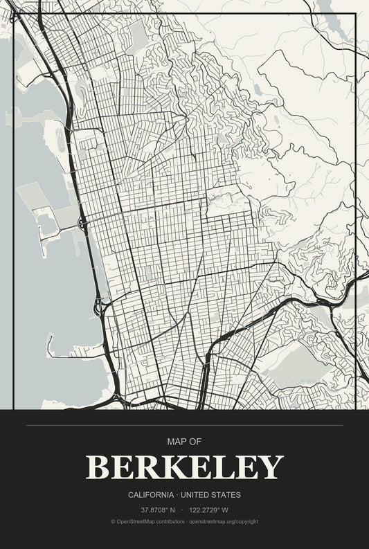 Berkeley, California City Map Aluminum Sign in Museum Plaque style