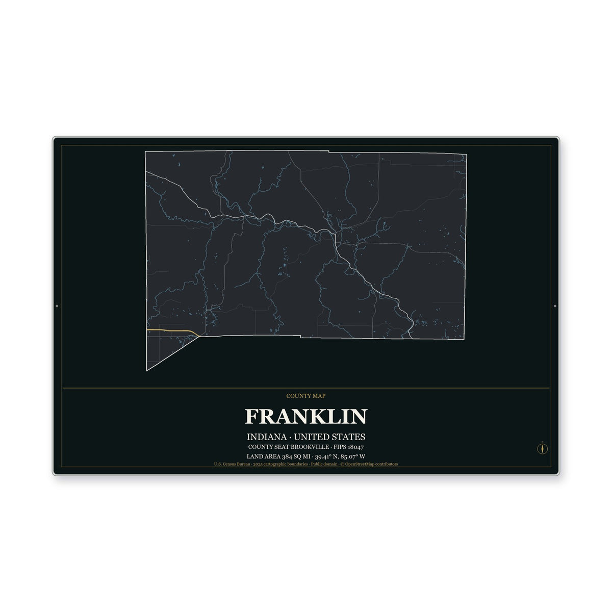 Franklin County, Indiana Map Aluminum Sign in Metropolitan Noir style