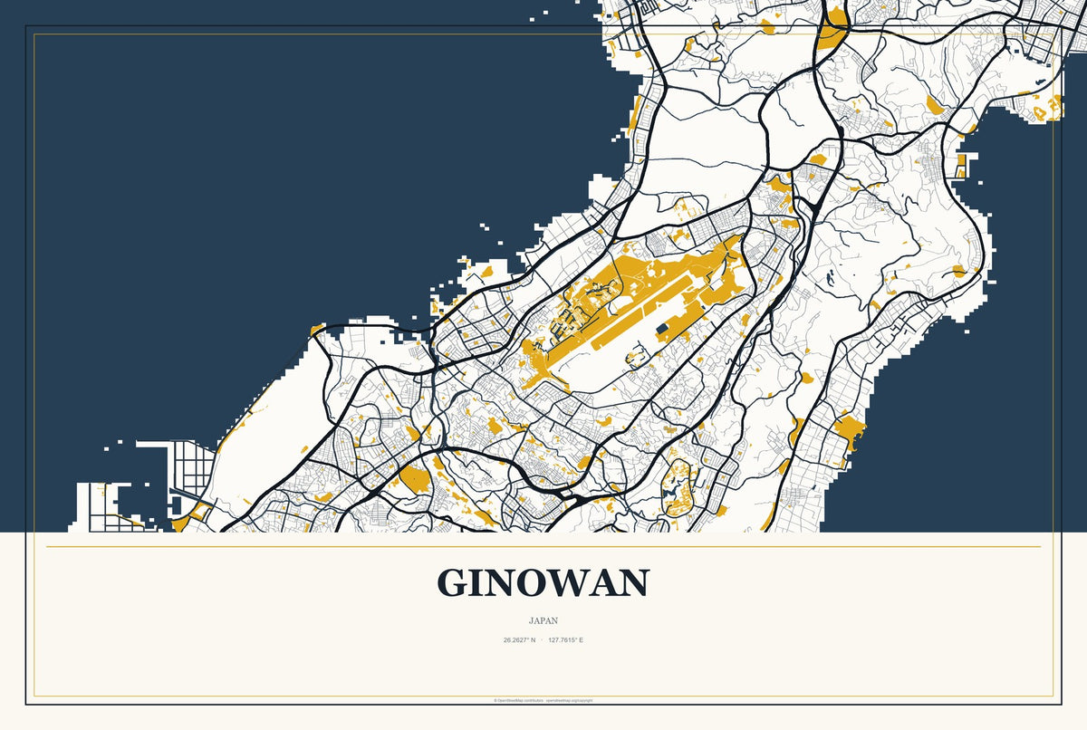 Ginowan, Japan City Map Aluminum Sign in Citrine Modern style