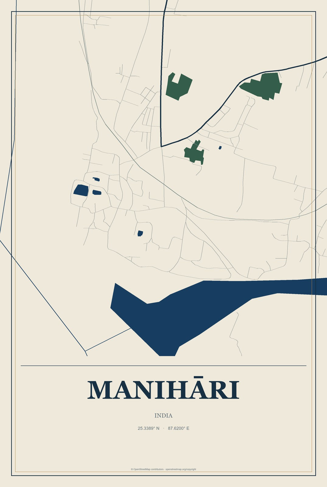 Manihāri, India City Map Aluminum Sign in Coastal Cutout style