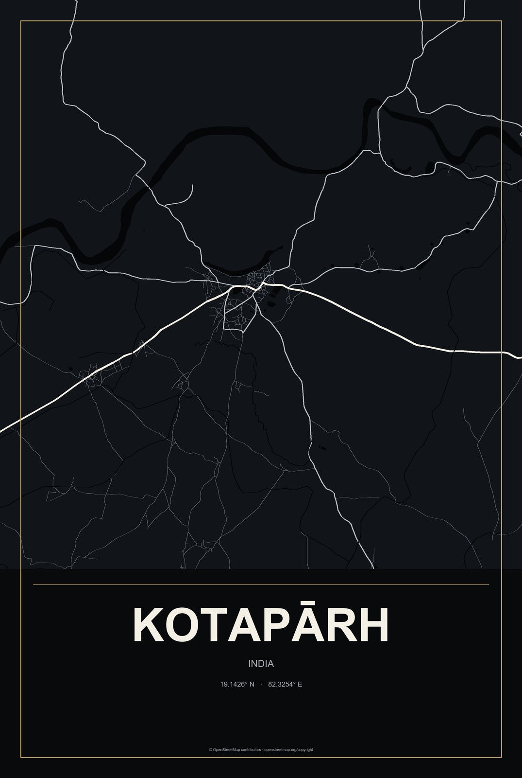 Kotapārh, India City Map Aluminum Sign in Metropolitan Noir style