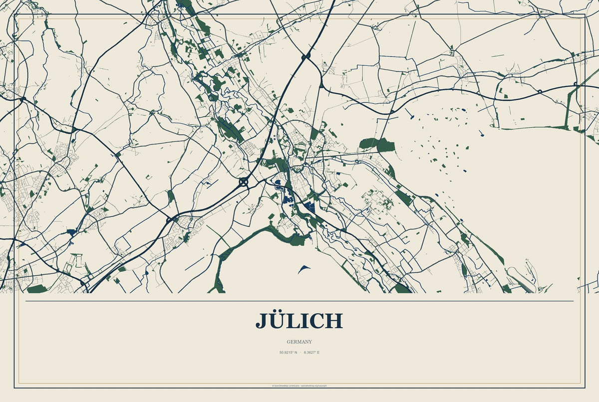 Jülich, Germany City Map Aluminum Sign in Coastal Cutout style