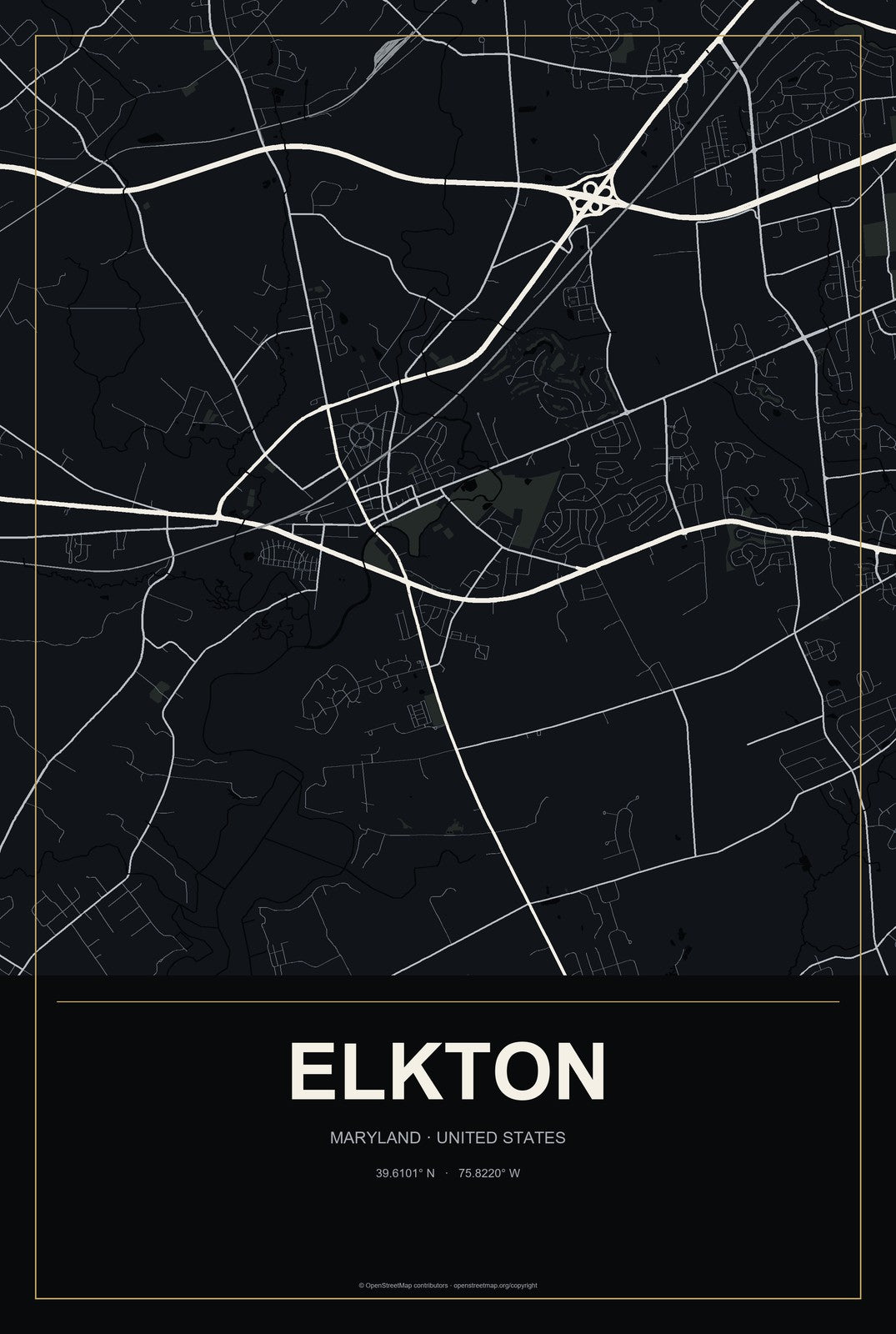Elkton, Maryland City Map Aluminum Sign in Metropolitan Noir style