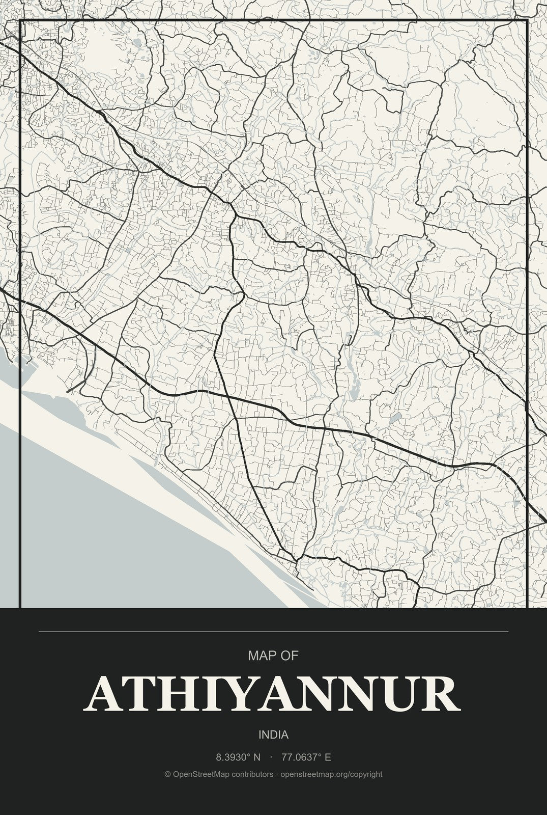 Athiyannur, India City Map Aluminum Sign in Museum Plaque style