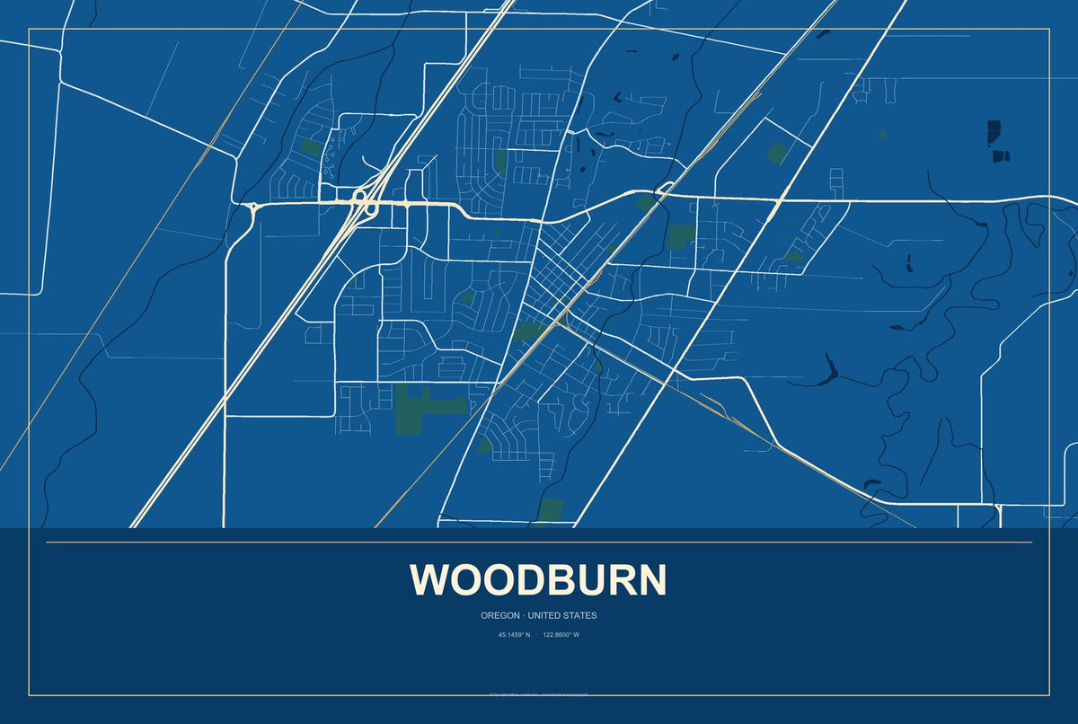 Woodburn, Oregon City Map Aluminum Sign in Harbor Cobalt style
