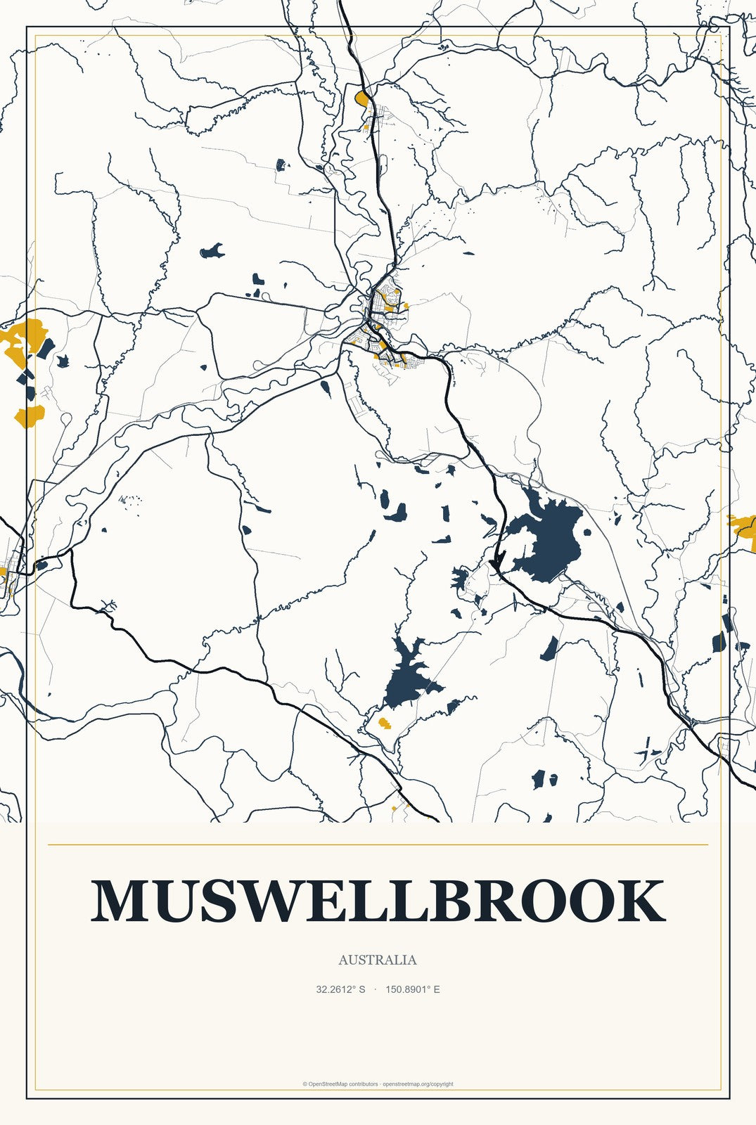 Muswellbrook, Australia City Map Aluminum Sign in Citrine Modern style