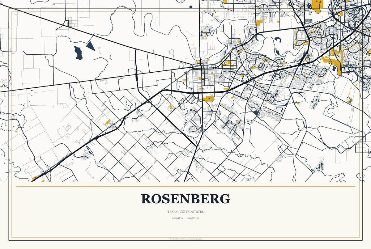 Rosenberg, Texas City Map Aluminum Sign in Citrine Modern style