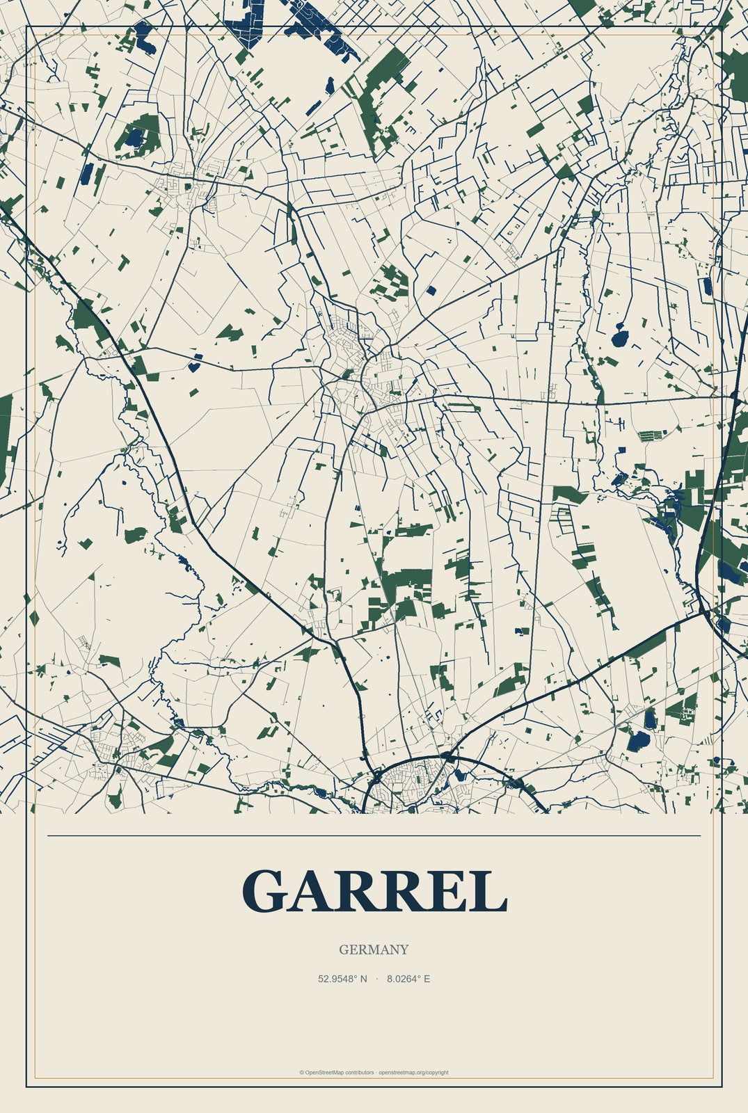 Garrel, Germany City Map Aluminum Sign in Coastal Cutout style