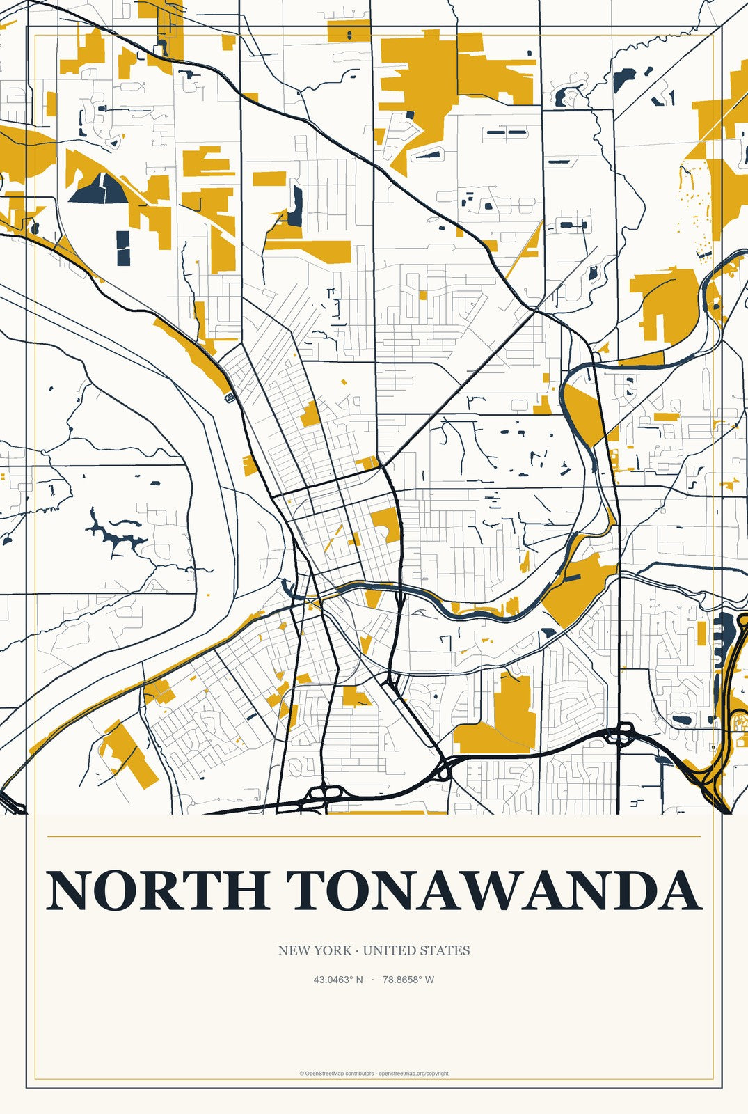 North Tonawanda, New York City Map Aluminum Sign in Citrine Modern style