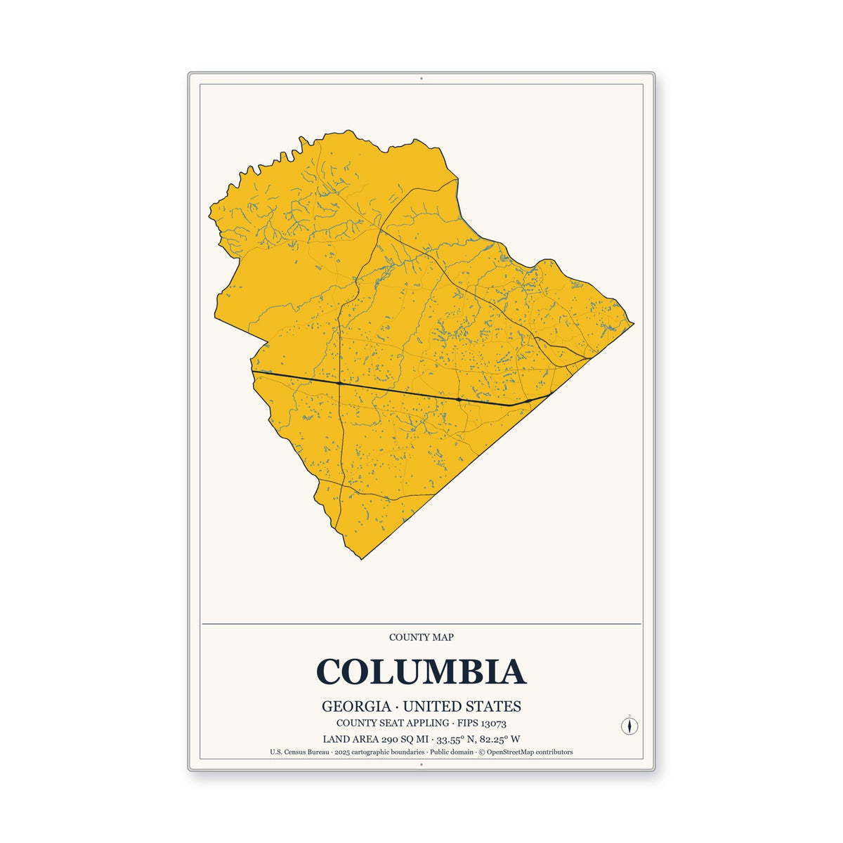 Columbia County, Georgia Map Aluminum Sign in Citrine Modern style
