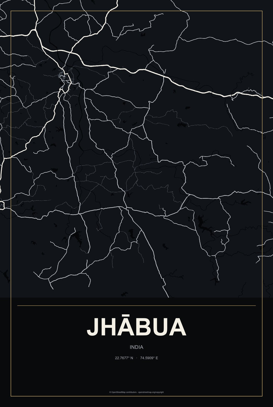 Jhābua, India City Map Aluminum Sign in Metropolitan Noir style