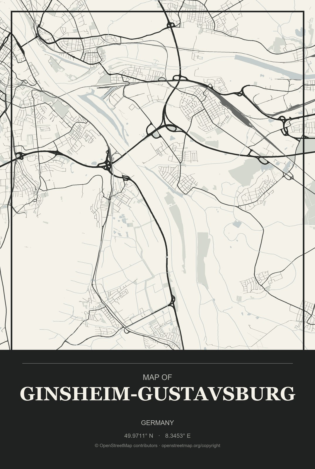 Ginsheim-Gustavsburg, Germany City Map Aluminum Sign in Museum Plaque style