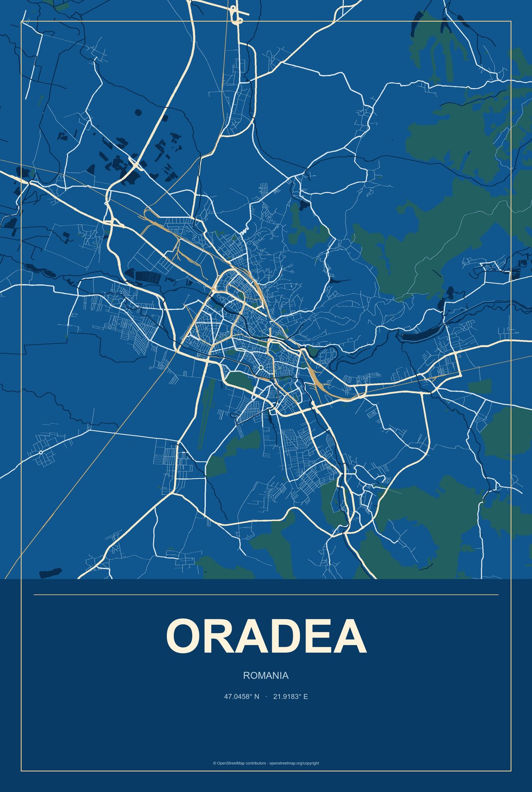 Oradea, Romania City Map Aluminum Sign in Harbor Cobalt style