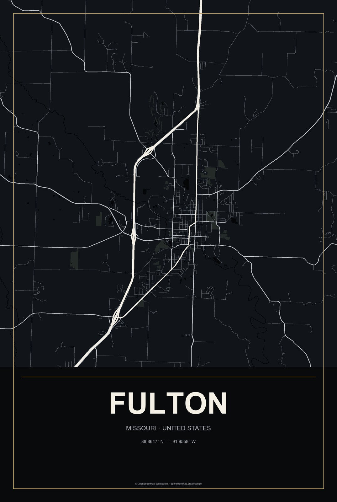 Fulton, Missouri City Map Aluminum Sign in Metropolitan Noir style