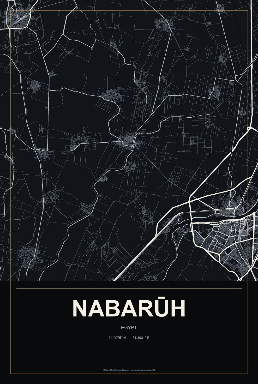 Nabarūh, Egypt City Map Aluminum Sign in Metropolitan Noir style