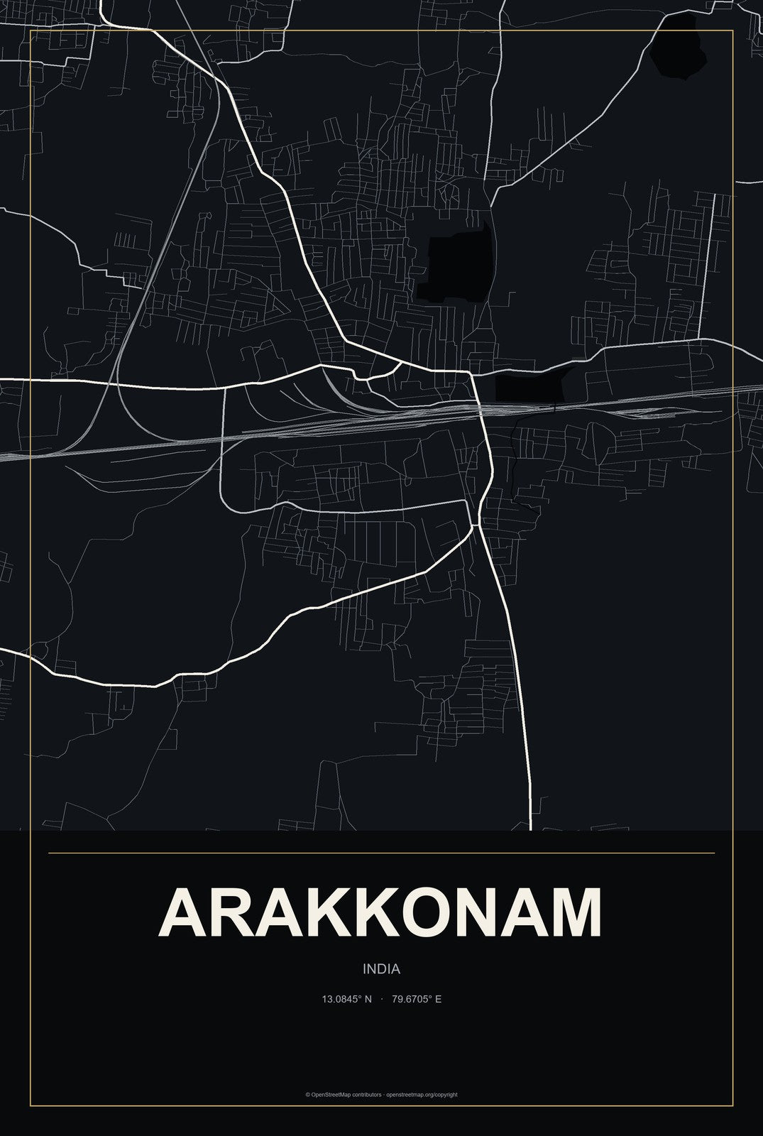Arakkonam, India City Map Aluminum Sign in Metropolitan Noir style