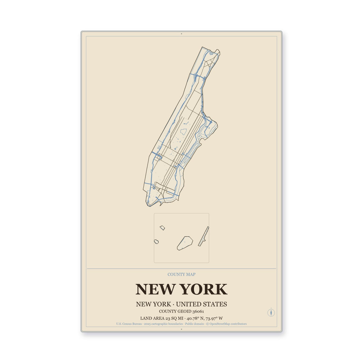 New York County, New York Map Aluminum Sign in Heritage Nautical style