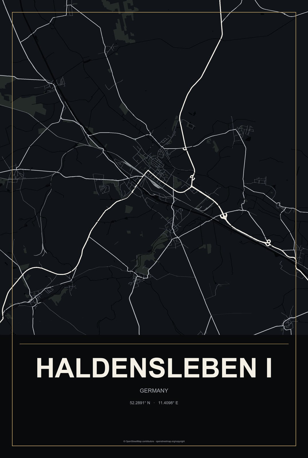 Haldensleben I, Germany City Map Aluminum Sign in Metropolitan Noir style