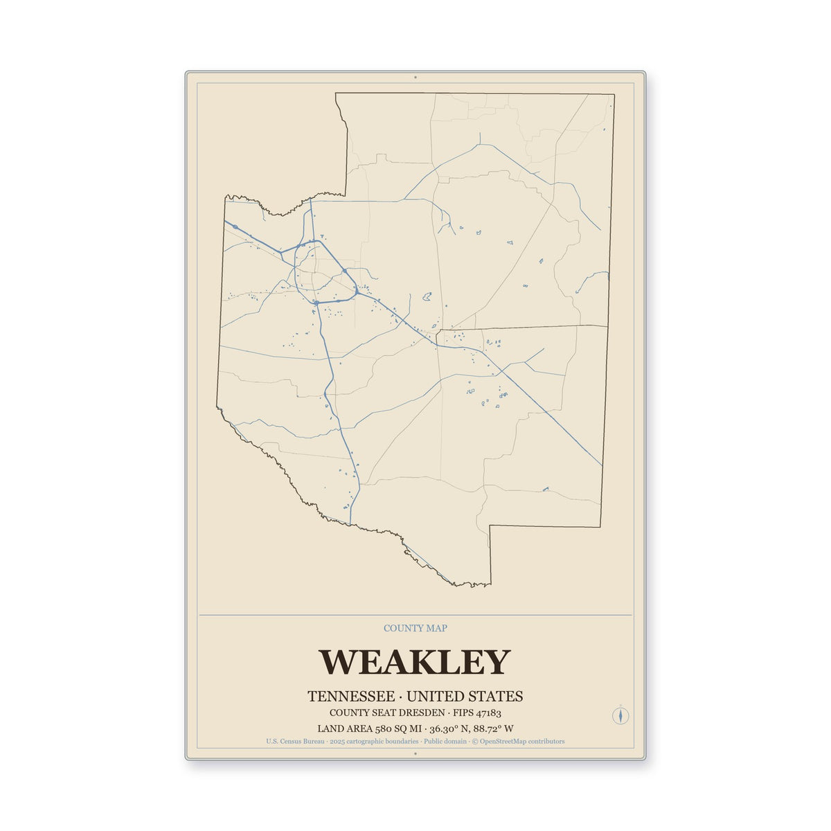 Weakley County, Tennessee Map Aluminum Sign in Heritage Nautical style