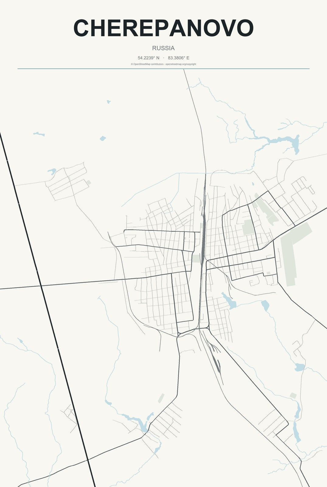 Cherepanovo, Russia City Map Aluminum Sign in Headline Atlas style