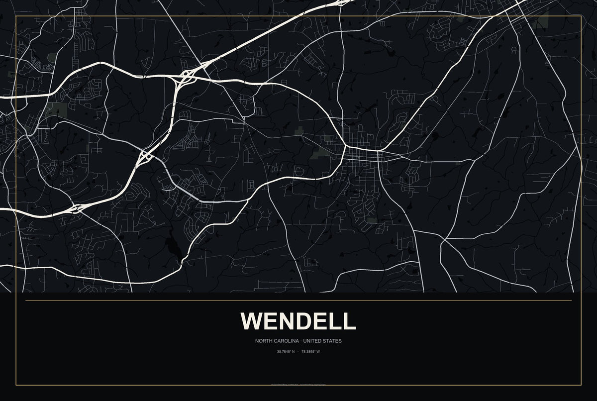 Wendell, North Carolina City Map Aluminum Sign in Metropolitan Noir style