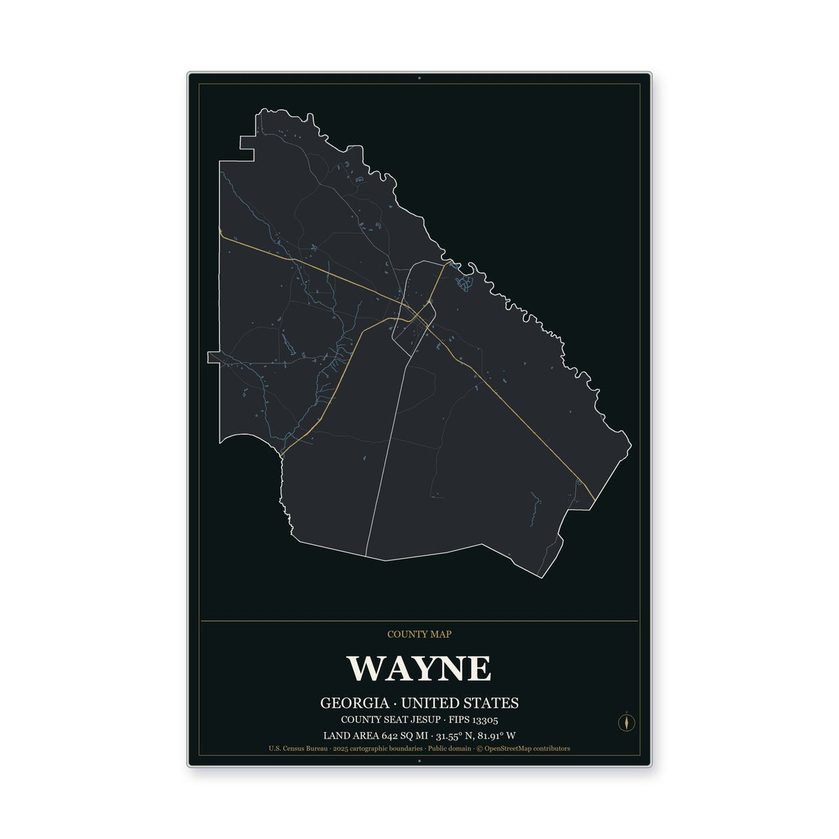Wayne County, Georgia Map Aluminum Sign in Metropolitan Noir style
