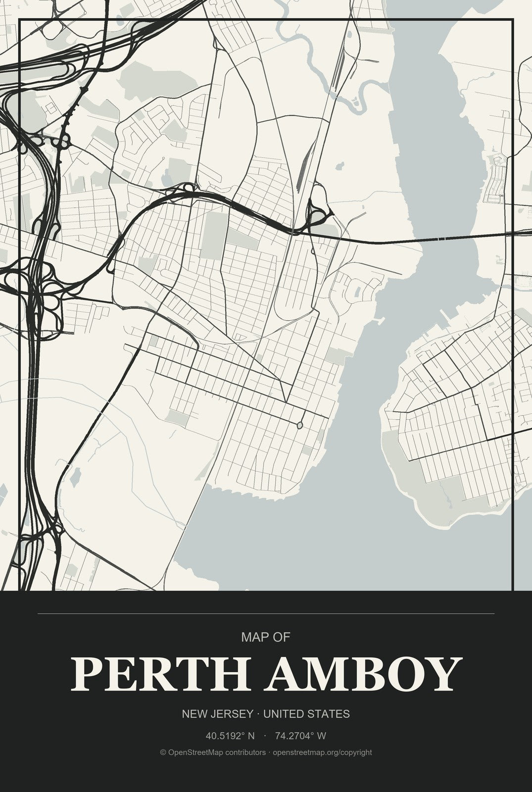 Perth Amboy, New Jersey City Map Aluminum Sign in Museum Plaque style