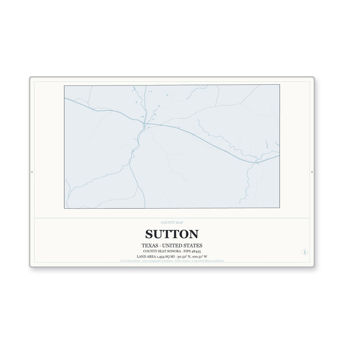 Sutton County, Texas Map Aluminum Sign in Gallery Air style