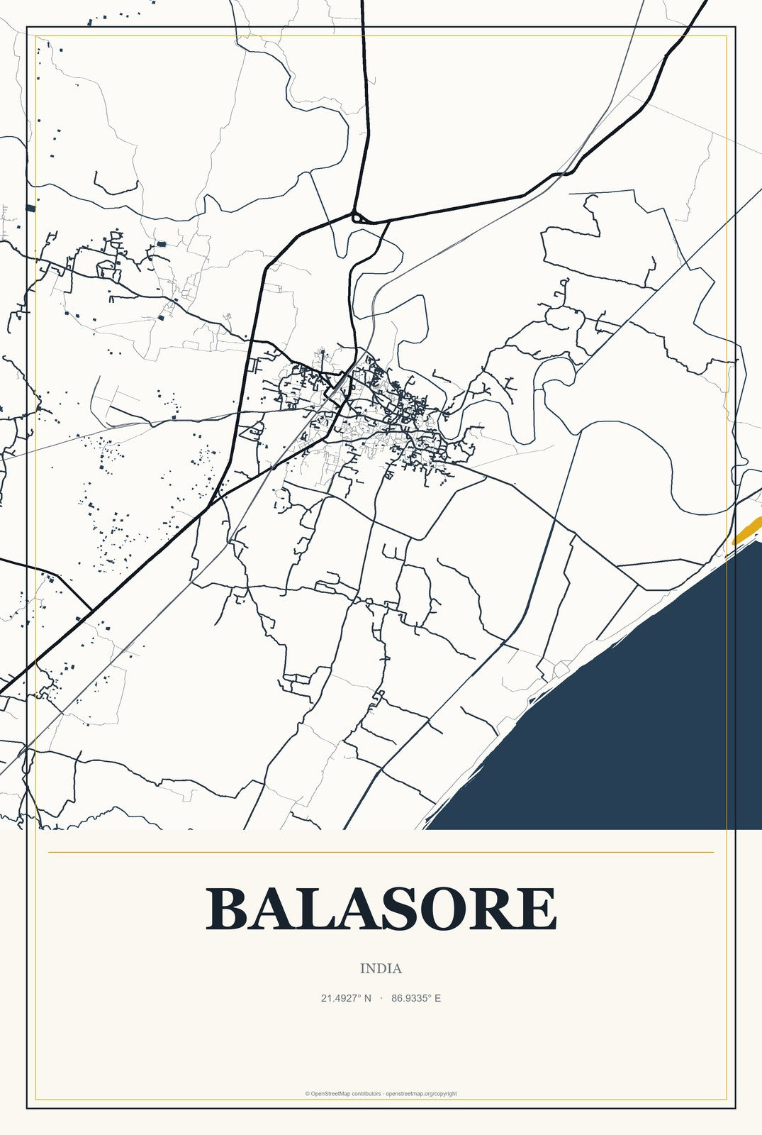 Balasore, India City Map Aluminum Sign in Citrine Modern style