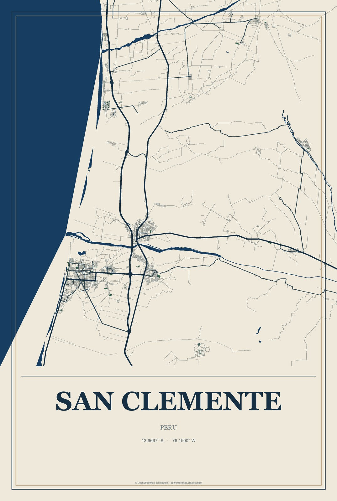 San Clemente, Peru City Map Aluminum Sign in Coastal Cutout style