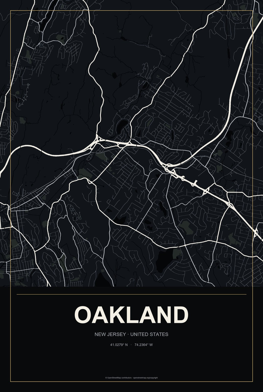 Oakland, New Jersey City Map Aluminum Sign in Metropolitan Noir style