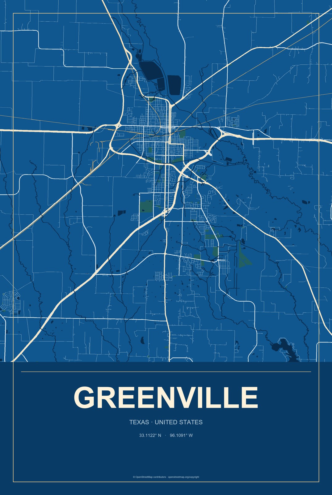 Greenville, Texas City Map Aluminum Sign in Harbor Cobalt style