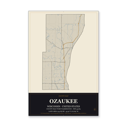 Ozaukee County, Wisconsin Map Aluminum Sign in Museum Plaque style