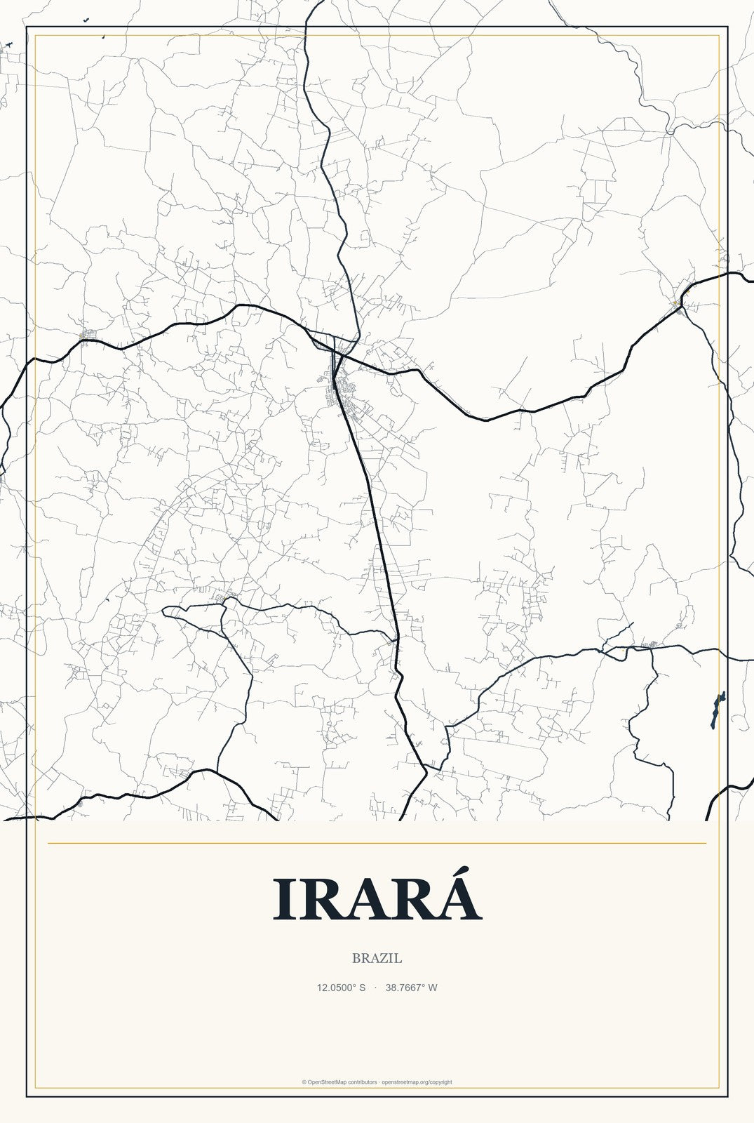 Irará, Brazil City Map Aluminum Sign in Citrine Modern style
