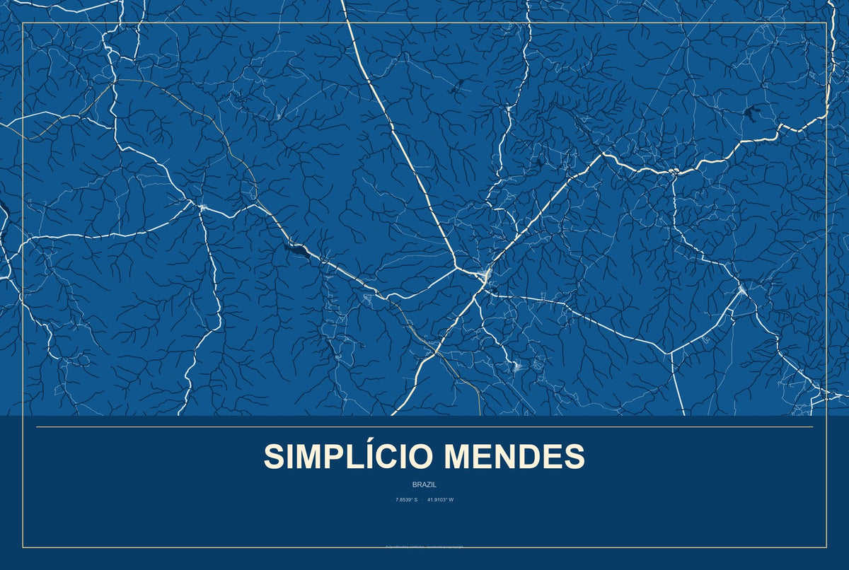 Simplício Mendes, Brazil City Map Aluminum Sign in Harbor Cobalt style