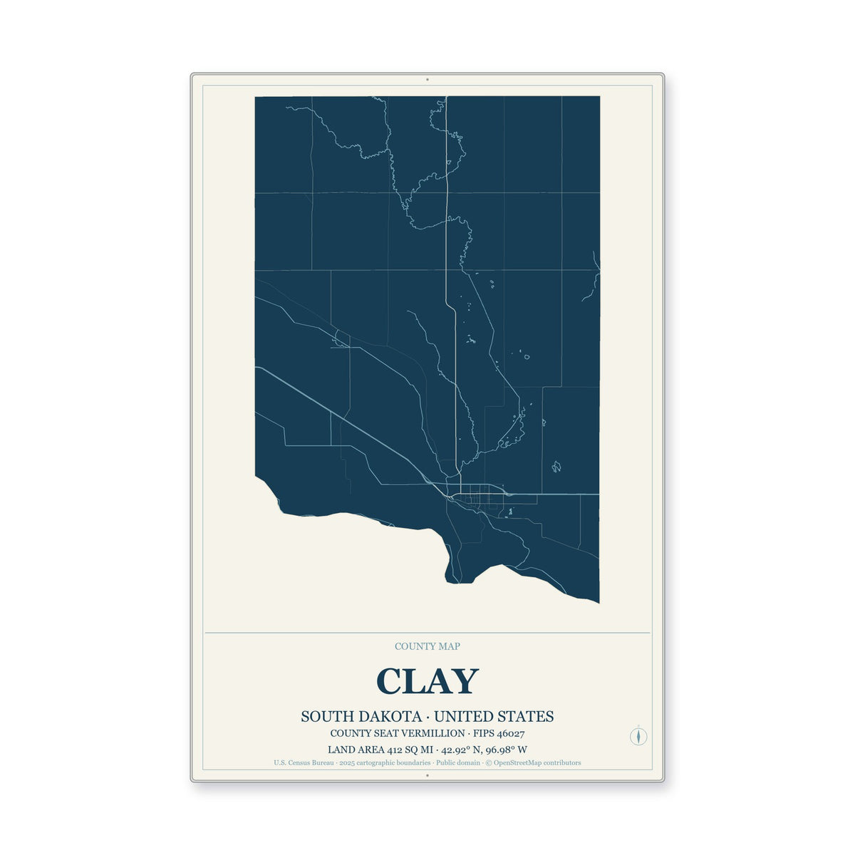 Clay County, South Dakota Map Aluminum Sign in Coastal Cutout style