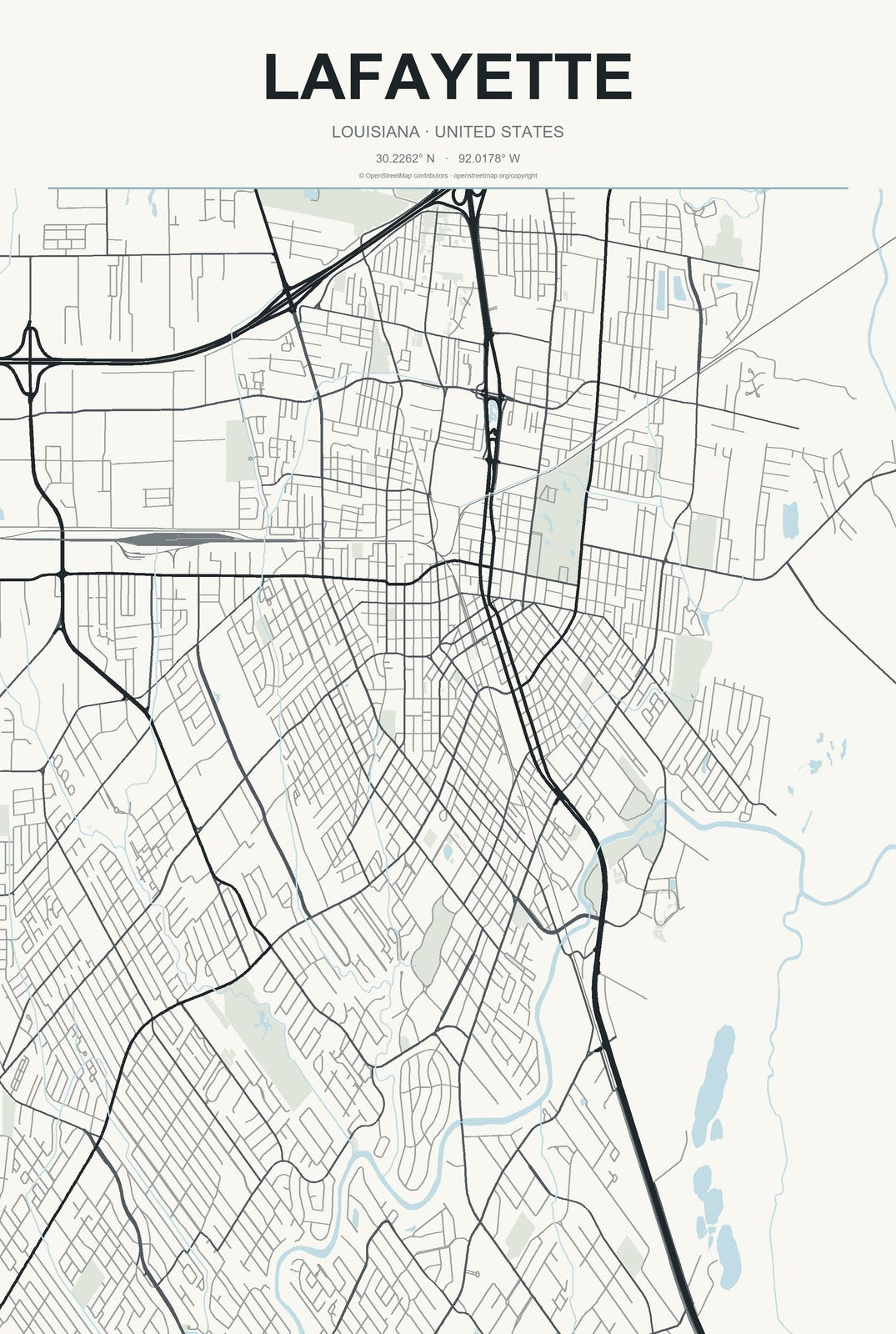 Lafayette, Louisiana City Map Aluminum Sign in Headline Atlas style