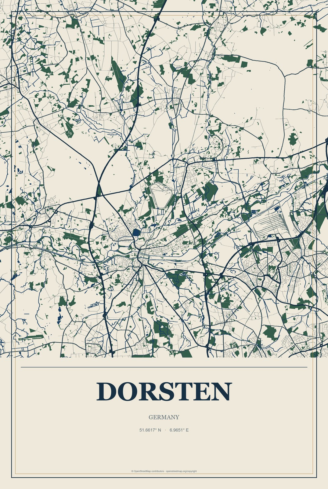 Dorsten, Germany City Map Aluminum Sign in Coastal Cutout style