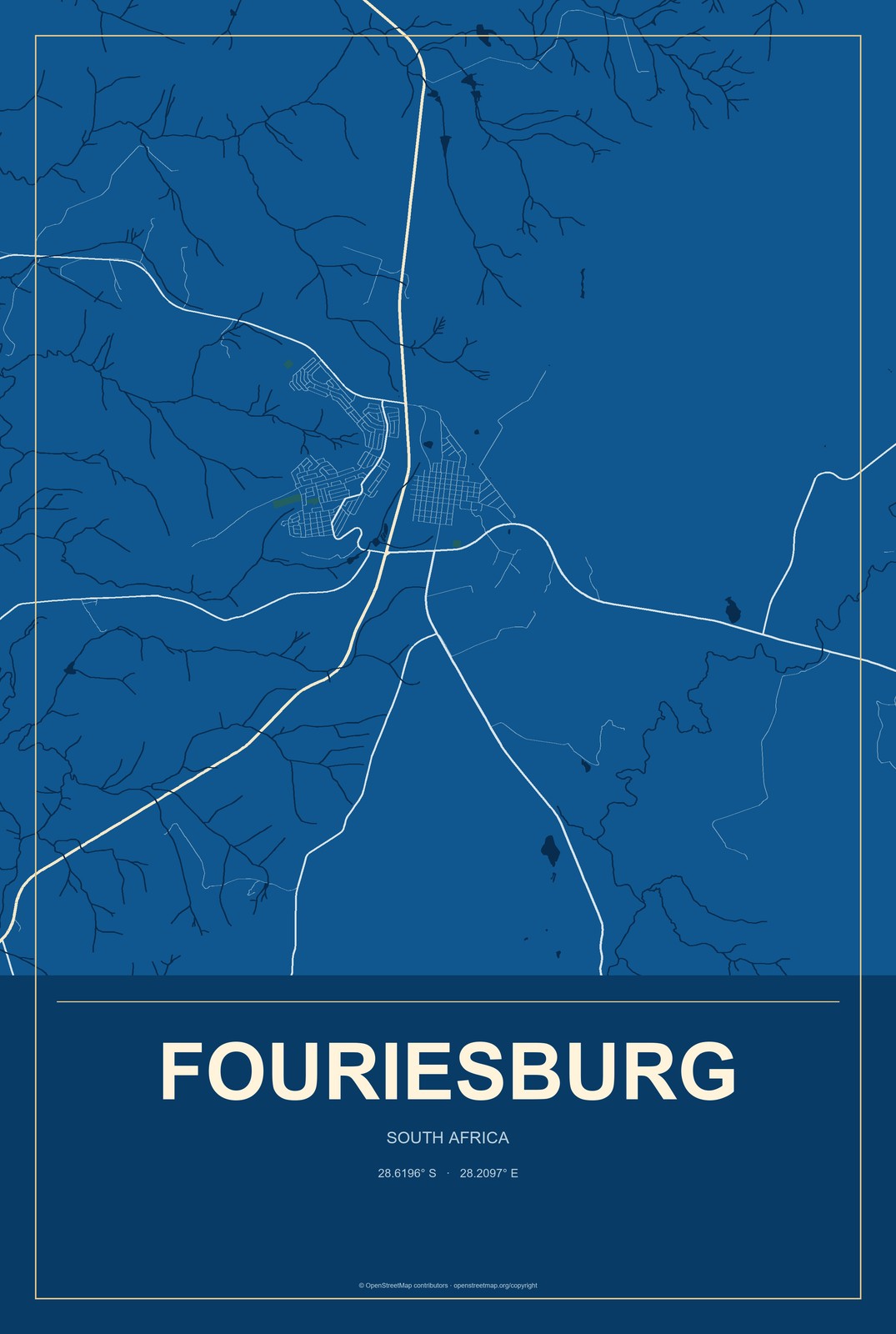Fouriesburg, South Africa City Map Aluminum Sign in Harbor Cobalt style
