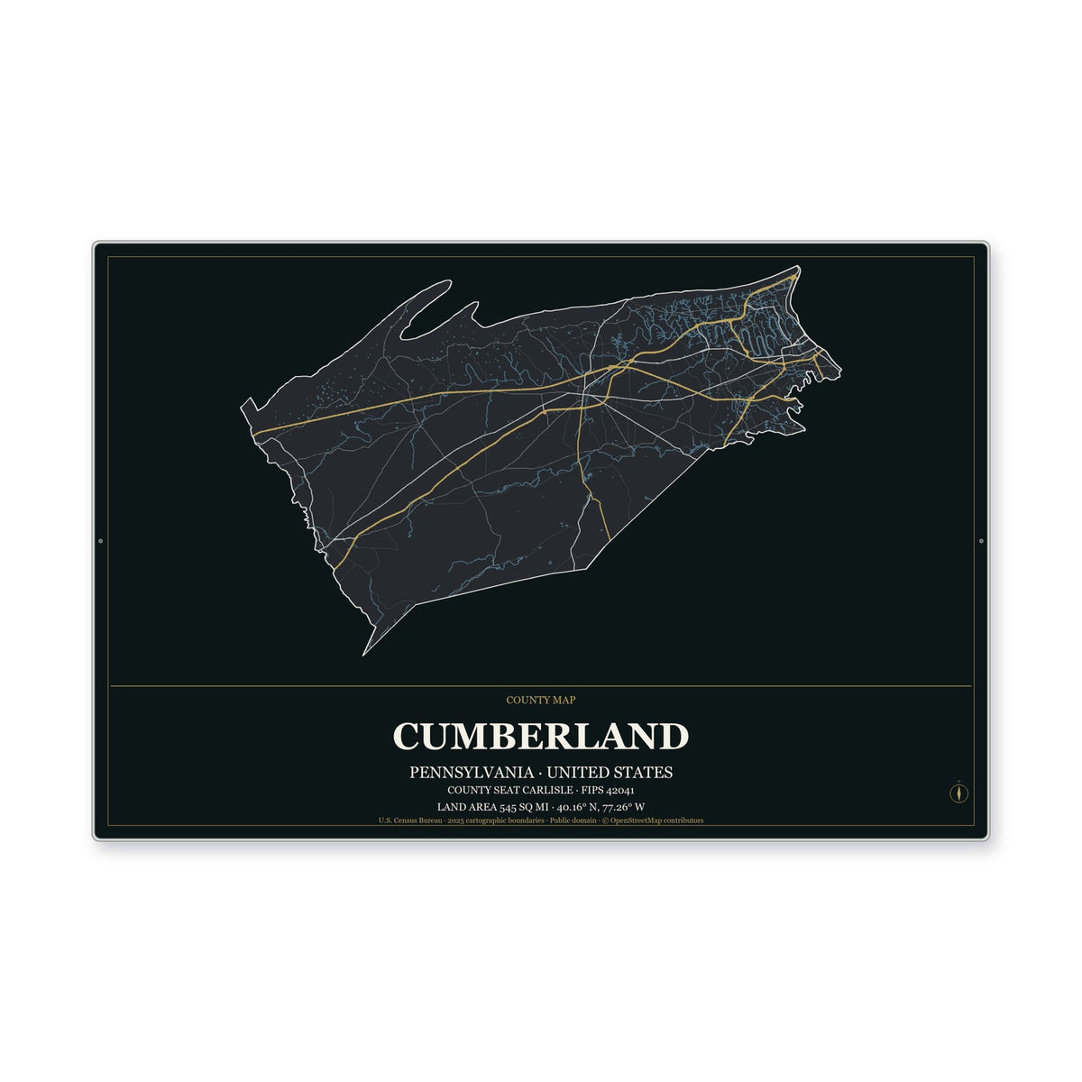 Cumberland County, Pennsylvania Map Aluminum Sign in Metropolitan Noir style
