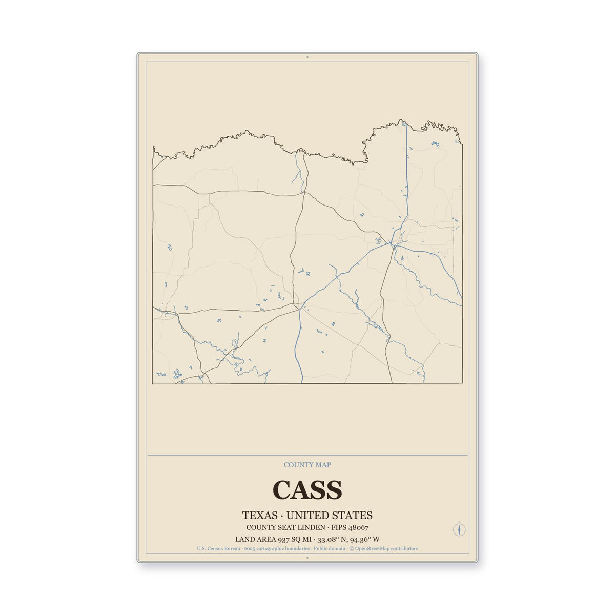 Cass County, Texas Map Aluminum Sign in Heritage Nautical style