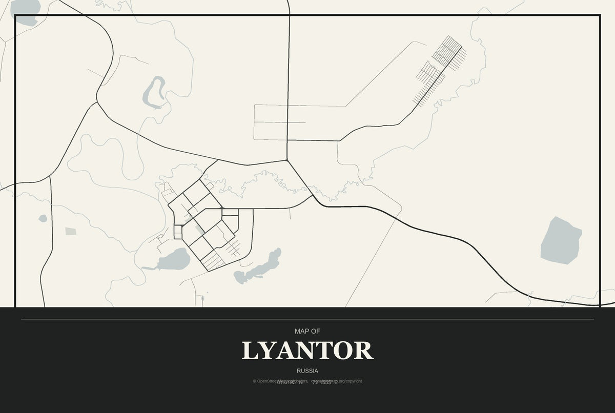 Lyantor, Russia City Map Aluminum Sign in Museum Plaque style