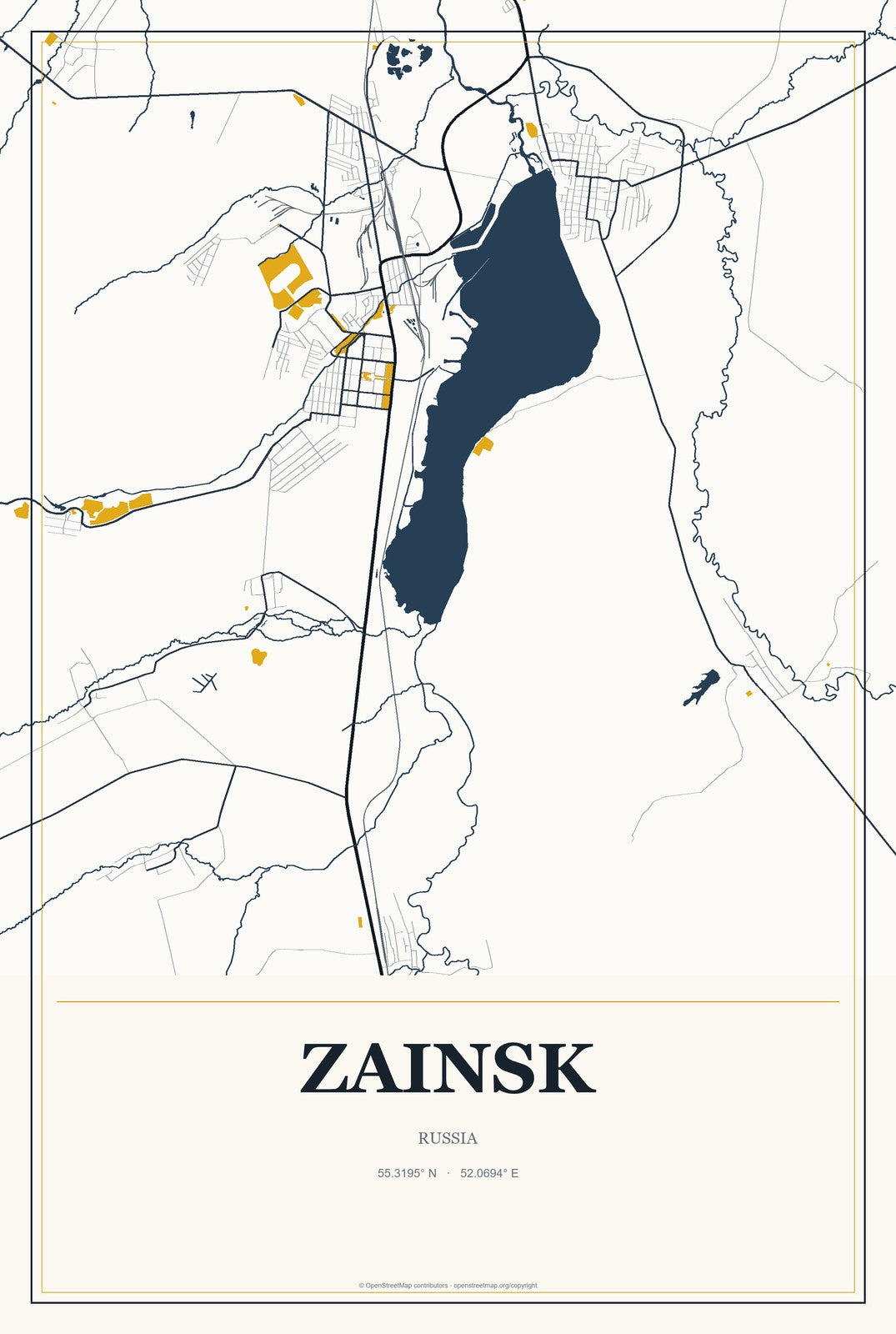 Zainsk, Russia City Map Aluminum Sign in Citrine Modern style