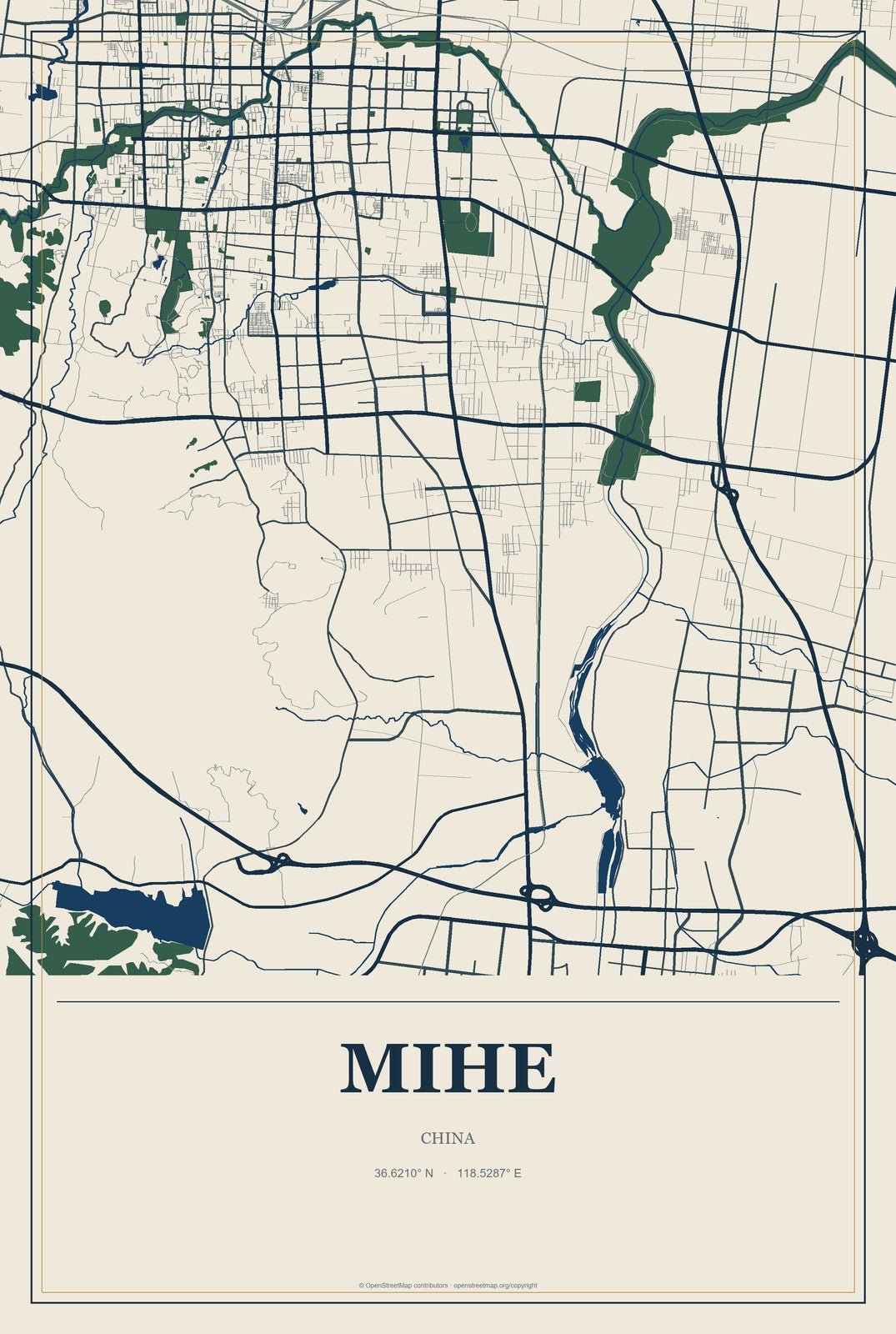 Mihe, China City Map Aluminum Sign in Coastal Cutout style