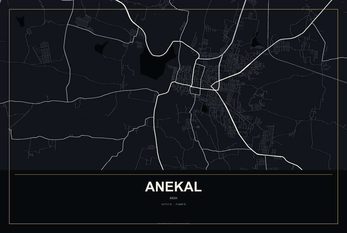 Anekal, India City Map Aluminum Sign in Metropolitan Noir style